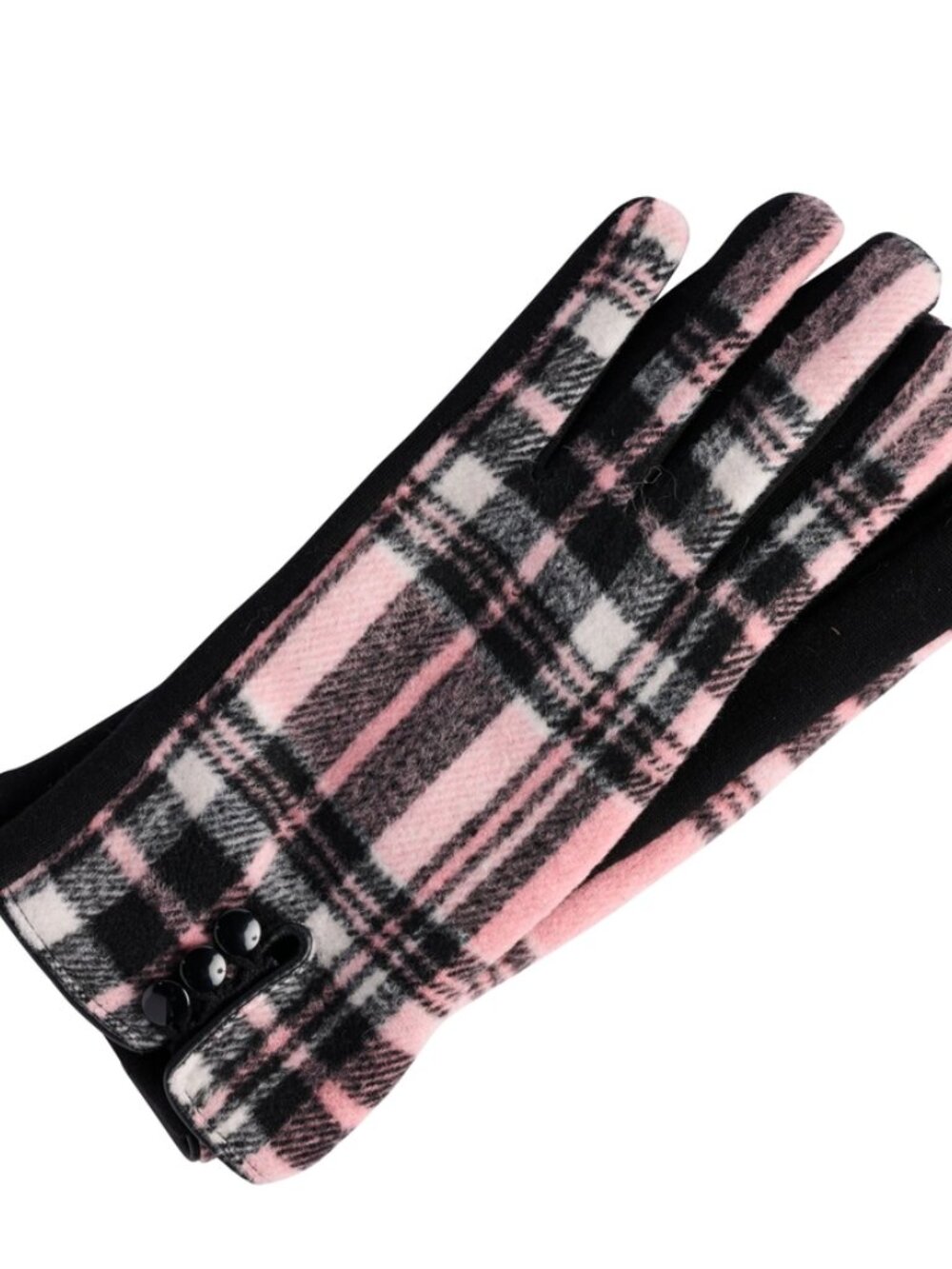 Gloves Plaid, Button Detail Black and Pink Touch Screen